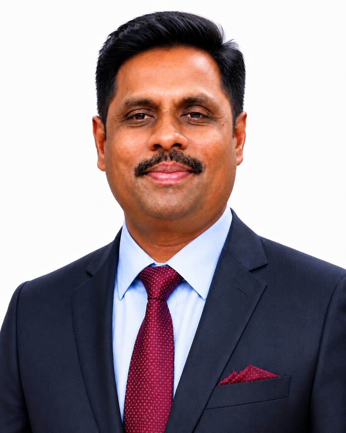 Dr. Krish in a navy suit and burgundy tie